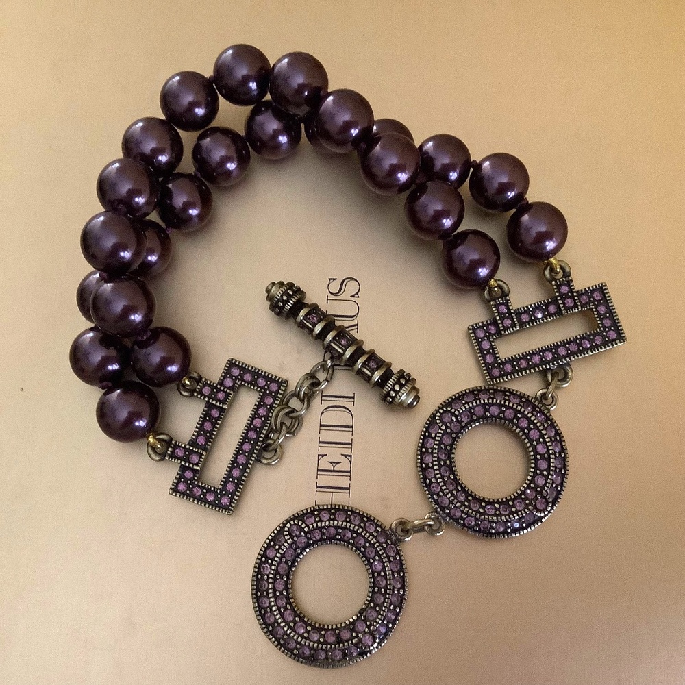 Heidi Daus Double Row Strand Glass Pearl and Crystal Toggle Bracelet Aubergine